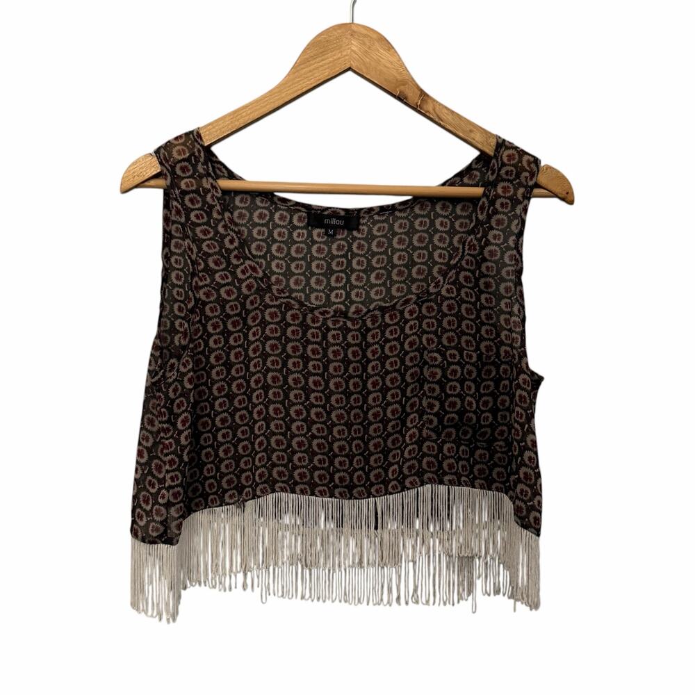 Millau Sheer Fringe Hem Boho Crop Tank Top Size M